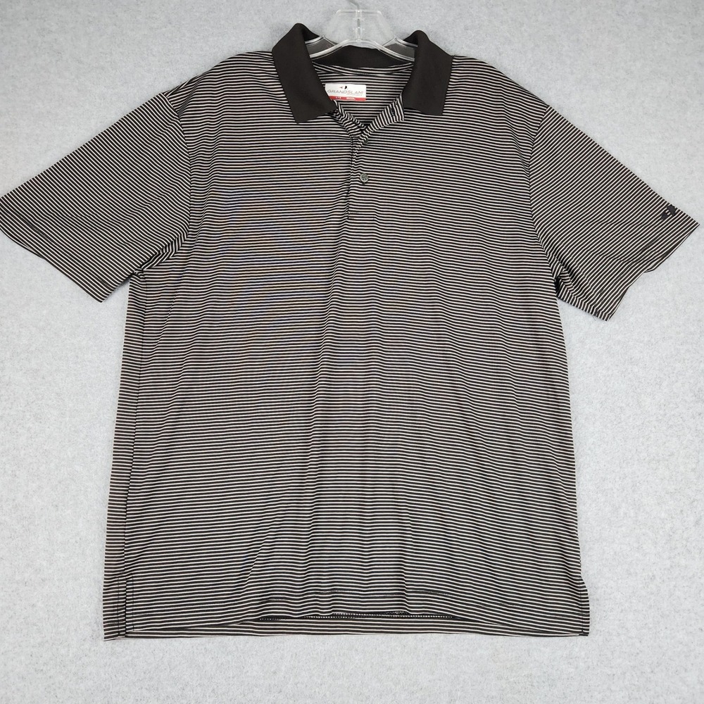 Grand Slam Polo Shirt Mens L Black Striped Performance Short Sleeve Golf Top